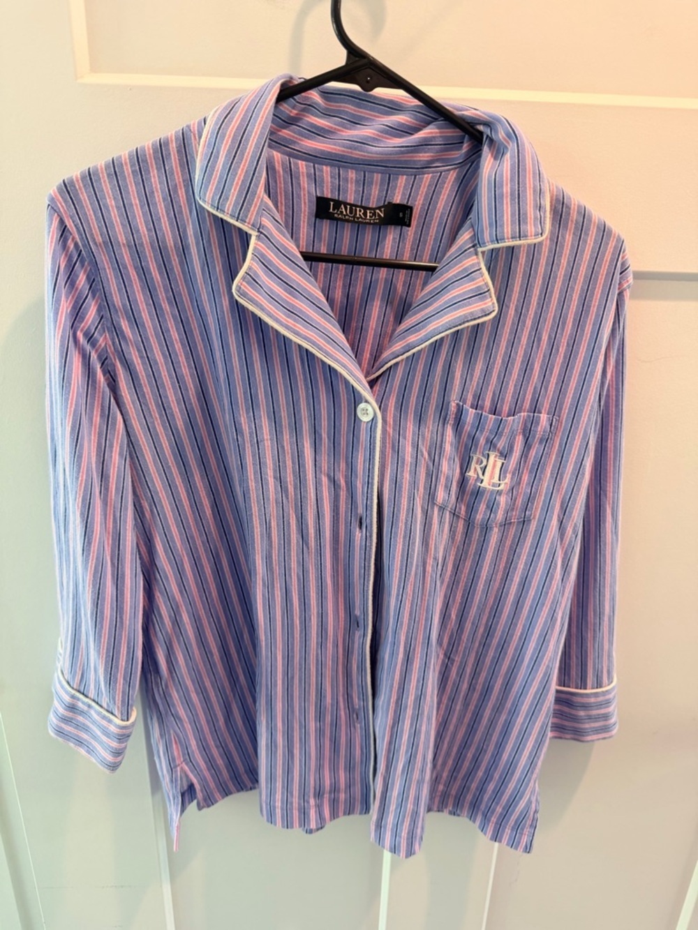 Lauren Ralph Lauren Striped Button Front Shirt Blue Pink 3/4 Sleeve S
